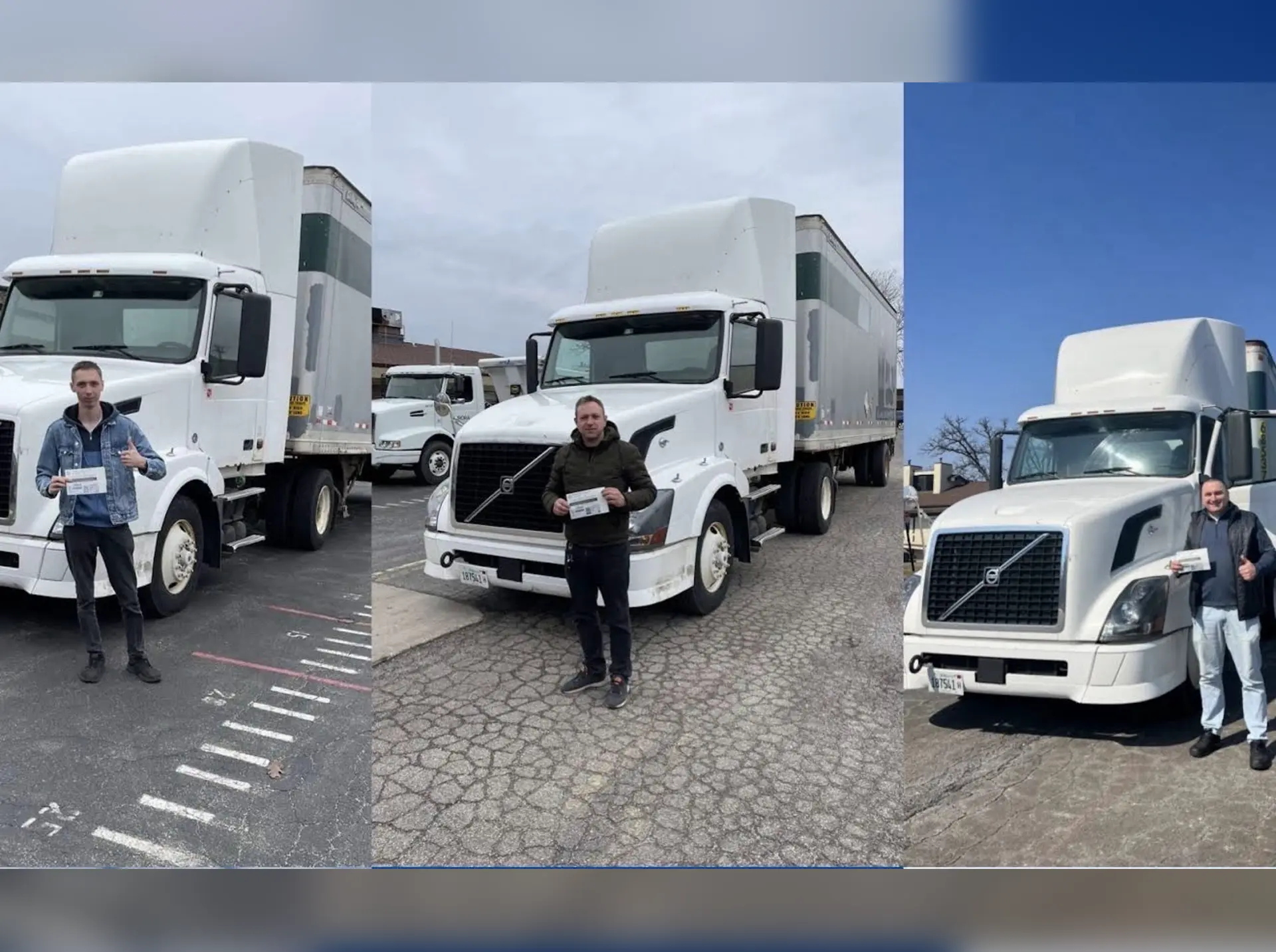 All-In CDL graduates holding their CDL licenses in front of their training trucks