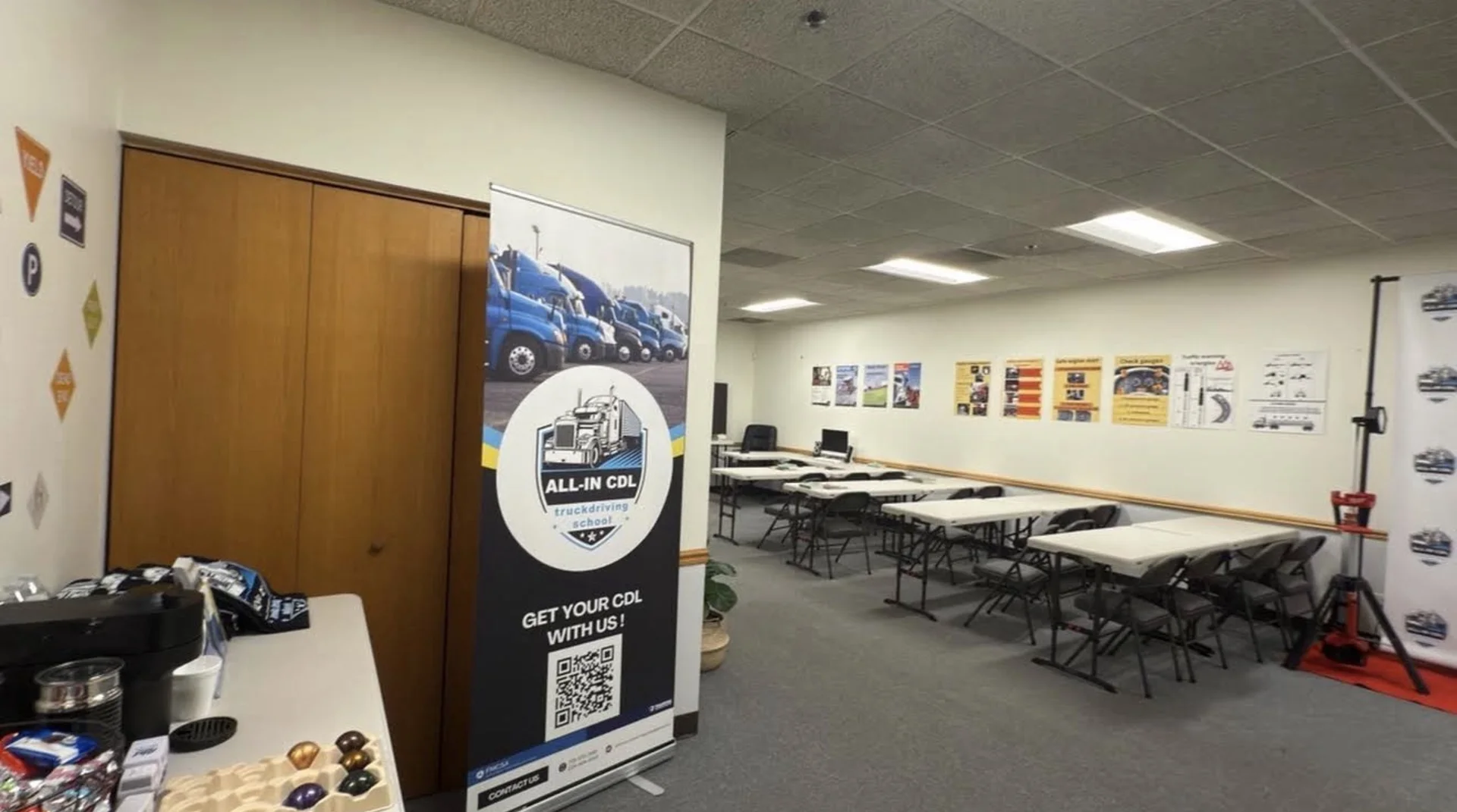 All-In CDL classroom at the Des Plaines office, set up for training
